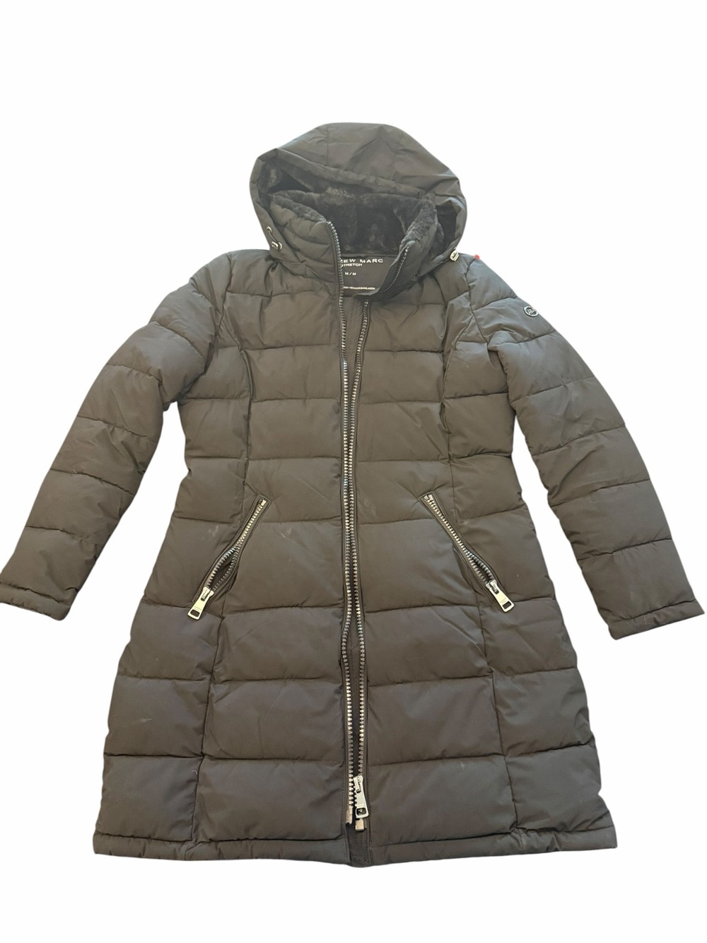 Andrew Marc Stretch Puffer Coat Women's Medium Black Long Hooded Faux Fur Cozy
